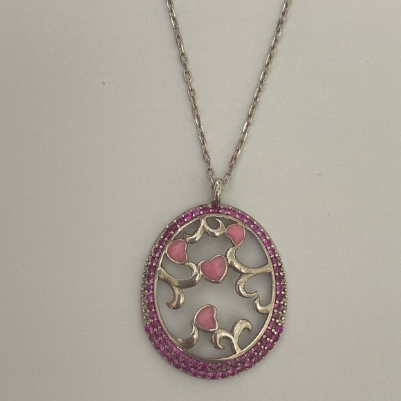 925 Silver oval life tree pink hearts cz necklace - Picture 2 of 2